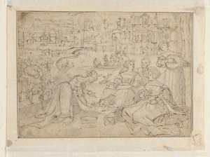 Recto- Miesiąc kwiecień (figury w parku przy zamku); Verso- Młodość z Trzech Wieków Człowieka autorstwa Pieter Coecke van Aelst