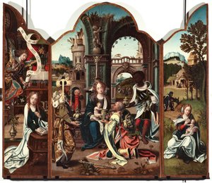 Tryptyk Adoracja Trzech Króli Lewy panel: Zwiastowanie - Prawy panel: Zwiastowanie po lewej i Ucieczka do Egiptu po prawej Obraz Pietera Coecka van Aelsta (1502-1550) XVI-wieczne Genes Musei di Strada Nuova (ex Palazzo Bianco) inw n PB autorstwa Pieter Coecke van Aelst