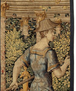 Vertumnus i Pomona: Vertumnus przemieniony w rybaka, ok. 1550 r. (złoto, wełna i jedwab) autorstwa Pieter Coecke van Aelst