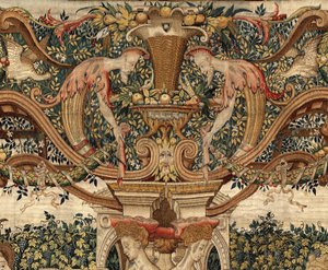 Vertumnus i Pomona: Vertumnus przekształcony w sekator, ok. 1550 r. (Złoto, wełna i jedwab) autorstwa Pieter Coecke van Aelst