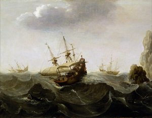 Łódź na wzburzonym morzu, w oddali łodzie uciekające przed wichurą, po prawej skały wyłaniające się z wody. Olej na drewnie, około 1620 roku, autorstwa Cornelisza Verbeecqa (1590-1637).