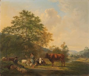 Pagórkowaty krajobraz z pasterzem, poganiaczem i bydłem autorstwa Pieter Gerardus van Os