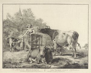 Krowy i dojarka De Hollandsche Melk-koeijen/ Les vaches â lait hollandaises (tytuł na obiekcie)