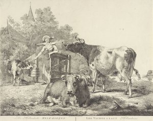 Krowy i dojarka De Hollandsche Melk-koeijen/ Les vaches â lait hollandaises (tytuł na obiekcie) autorstwa Pieter Gerardus van Os