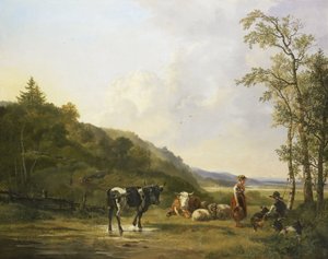Krajobraz z pasterzami i bydłem autorstwa Pieter Gerardus van Os