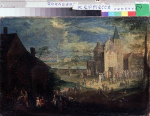 „Kermesse na miejscu wsi”” (Kermis) Krajobraz miejski we Flandrii. Obraz Petera Gyselsa (1621-1690) Serpukhov, Państwowe Muzeum Historii i Sztuki Rosji