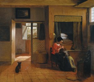Wnętrze z matką odwszawiającą włosy dziecka Obowiązek matki, 1659-1660