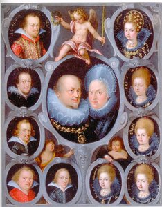 Książę Fryderyk I (1557-1608) (r. 1593-1608) i księżna Wirtembergii Sibylla z dziesięciorgiem ich dzieci