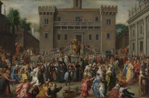 Kobiety Rzymu zgromadzenie na Kapitolu Powstanie kobiet rzymskich na Kapitolu z powodu Papiriusa autorstwa Pieter Isaacsz.