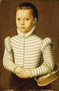 Portret młodej dziewczyny w czarno-białym stroju trzymającej kosz,