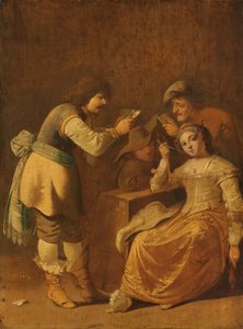 Gracze w karty z kobietą palącą fajkę autorstwa Pieter Jansz. Quast