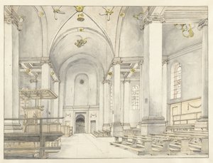 Widok na nawę Nieuwe Kerk, Haarlem, Patrząc na Zachód autorstwa Pieter Jansz Saenredam