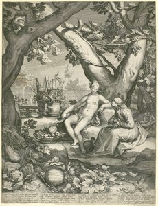 Vertumnus pożyczający postać starej kobiety, by zdobyć miłość Pomonas, 1605 (rycina na papierze) autorstwa Pieter Janszoon Saenredam