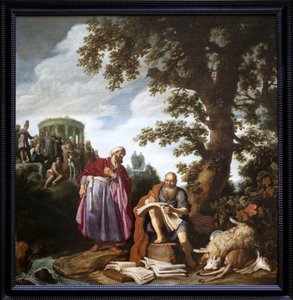 Hipokrates (z Kos, 460-370 pne) odwiedzający Demokryta (z Abdere, 460-370 pne). Obraz Pietera Lastmana (1583-1633), olej na płótnie
