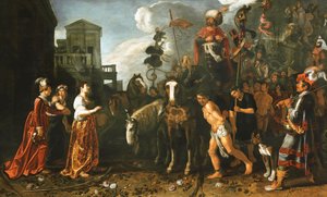 Jefte witał w domu z pola bitwy przez swoją córkę, autorstwa Pieter Lastman