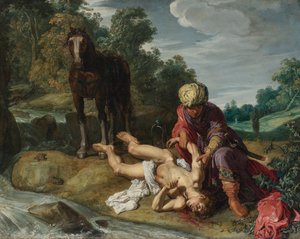Dobry Samarytanin opatrujący rany podróżnego (Łk 10:25-37) autorstwa Pieter Lastman