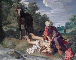 Dobry Samarytanin opatrujący rany podróżnego (Łk 10:25-37) autorstwa Pieter Lastman