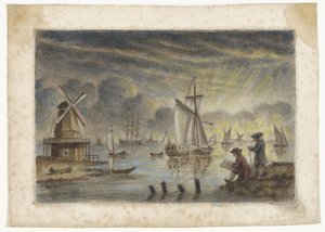 Widok na wybrzeże ze statkami, młynem i rysownikiem autorstwa Pieter Louw (attributed to)