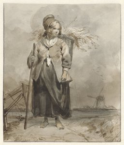 Stojąca kobieta z kijem i koszem na plecach autorstwa Pieter Marinus van de Laar (attributed to)