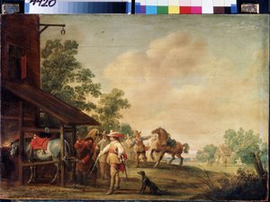 Kuźnia (Kuźnia). Kowal (kowal) zakładający podkowę. Obraz Pietera Meulenaera (Peter lub Pierre