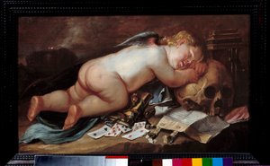 Uwielbiam spać na głowie śmierci. Obraz (Vanite) Pietera Moninckxa (1606-1686) Ec. Bujda. autorstwa Pieter Moninckx