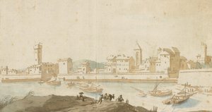 Widok na Civitavecchia z murem portowym autorstwa Pieter Moninckx
