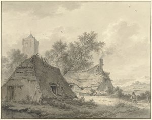 Krajobraz z dwoma zagrodami i wieżą kościelną autorstwa Pieter Pietersz. Barbiers