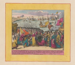 Przybycie księżniczki Elisabeth Christine z Wolfenbüttel w Mutaro, 1708 Przybycie księżniczki Elżbiety Wolfenbuttel królowej Hiszpanii (...) (tytuł na obiekcie) Teatr wojny, początek króla Karola II. Dopóki król Karel de I autorstwa Pieter Schenk (I)