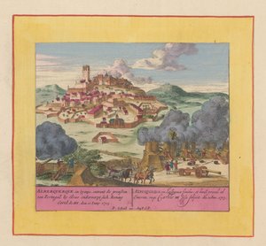 Oblężenie Albuquerque, 1705 Alberquerque, w Hiszpanii, na granicy Portugalii w Elvas, poddaje się królowi Carelowi III, 10 czerwca 1705 (tytuł na obiekcie) Teatr wojny, początek króla Karola II. Do zobaczenia w King Kar autorstwa Pieter Schenk (I)