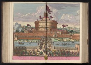 Engelenburcht aan de rivier de Tiber te Rome Zamek św. Anieli (czyli Michała) najwyższego (...) (tytuł na obiekcie) autorstwa Pieter Schenk (I)