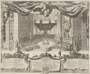 Gezicht in de Sint-Pietersbasiliek Teatr przedstawiający zbrodnie, które mają miejsce w świątyni św. Piotra w Rzymie (tytuł na obiekcie) autorstwa Pieter Schenk (I)