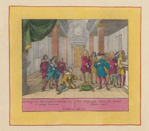 Książę Filip Anjou przyjmuje koronę hiszpańską, 1700 Książę Andegawenii przyjmuje Ofertę Korony Hiszpańskiej (...) (tytuł na obiekcie) Teatr wojny, początek króla Karola II. Aż do króla Karola III. Istniejący w IX