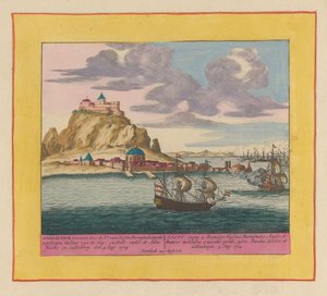 Podbój Gibraltaru przez flotę angielsko-holenderską, 1704 Gibraltar podbity przez ks. van Hessen Darmstadt, z wyładowaną milicją Eng : en Holl : pod Adm : Rooke i Callenberg den 4 sierpnia : 1704 (...) (tytuł na obiekcie) Teatr