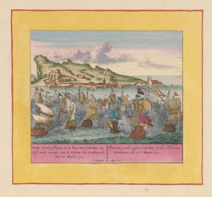 Bitwa morska o Gibraltar, 1705 Ponty zostaje pobity, na bagnach Gibraltaru (sie dese z przodu) flot alianckich, den 20 Meert, 1705 (tytuł na obiekcie) Teatr wojny, początek króla Karola II. Do zobaczenia na King Karel den autorstwa Pieter Schenk (I)