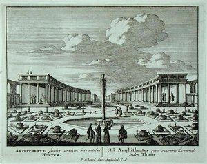 Klasyczny amfiteatr w ogrodzie, z „Admirandorum Quadruplex Spectaculum” Jana van Calla (1656-1703), wydanego przed 1715 r. (rycina) autorstwa Pieter Schenk