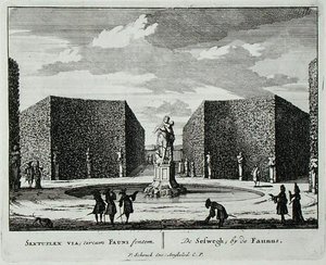 Sześciokątny żywopłot przy fontannie z faunem, z "Admirandorum Quadruplex Spectaculum", autorstwa Jana van Call (1656-1703), wydany przed 1715 r. (rycina) autorstwa Pieter Schenk
