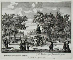 Fontanna Wenus w wielkim ogrodzie, z „Admirandorum Quadruplex Spectaculum” Jana van Calla (1656-1703), wydana przed 1715 r. (rycina) autorstwa Pieter Schenk