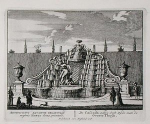 Kaskada w ogrodzie orientalnym, z „Admirandorum Quadruplex Spectaculum” Jana van Calla (1656-1703), wydana przed 1715 r. (rycina)