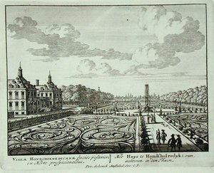 Ogród w Honsholredyk, z „Admirandorum Quadruplex Spectaculum”, Jan van Call (1656-1703), wydana przed 1715 (rycina) autorstwa Pieter Schenk