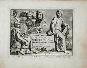 Strona tytułowa z „Admirandorum Quadruplex Spectaculum”, autorstwa Jana van Calla (1656-1703), wydanej przed 1715 r. (rycina) autorstwa Pieter Schenk
