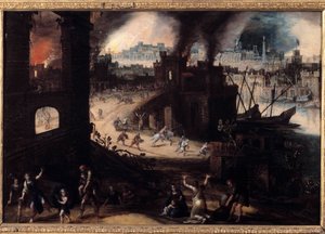 Zniszczenie Troi Obraz Pietera Schoubroecka (1570-1607) Besancon z XVII wieku. Muzeum Sztuk Pięknych