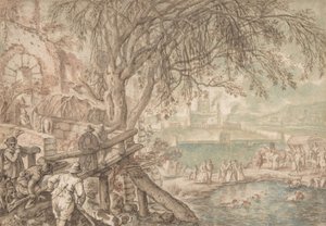 Huntsmen and Company obserwujący psy aportujące kaczki w stawie Miesiąc kwiecień, c1610-20. autorstwa Pieter Stevens
