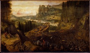 Bitwa Filistynów i Izraelitów: Saul i jego giermek zostają rzuceni na miecz. (obraz autorstwa Pieter Bruegel the Elder