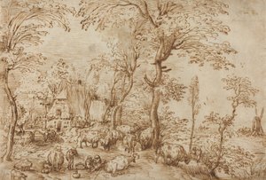 Chłopi i bydło w pobliżu domu na farmie, ok. 1553-54 (długopis i brązowy atrament na papierze) autorstwa Pieter Bruegel the Elder