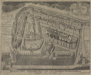 Gezicht op het Sint-Elisabethbegijnhof en de Sint-Elisabethkerk te Gent Begginasium św. Elżbiety pod opieką Kaznodziejów Gandawy z 1234 r. (tytuł na obiekcie) autorstwa Pieter Wauters