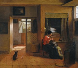 Pokój wewnętrzny z matką czyszczącą włosy dziecka, znany jako „Praca Matki” autorstwa Pieter de Hooch