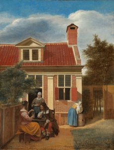 Postacie na dziedzińcu za domem Trzy kobiety i mężczyzna na dziedzińcu za domem autorstwa Pieter de Hooch
