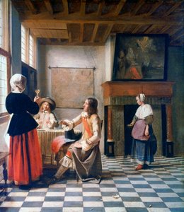 Wnętrze, Kobieta pijąca z dwoma mężczyznami i służącą, c1658