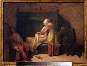 „Poranek młodego mężczyzny” (Poranek młodego mężczyzny) Młody mężczyzna przygotowuje się do przebudzenia, podczas gdy pokojówka prześciera łóżko. Na podłodze pantofelek i nocnik. Obraz Pietera de Hoocha (1629-1684) 1655-1657 Muzeum Puszkina, Moskwa autorstwa Pieter de Hooch