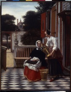 Pani i jej sługa. (Pani i jej pokojówka). Pani domu na tarasie zajęta szyciem przygląda się pracy swojej służącej. Obraz Pietera de Hoocha (1629-1684)
